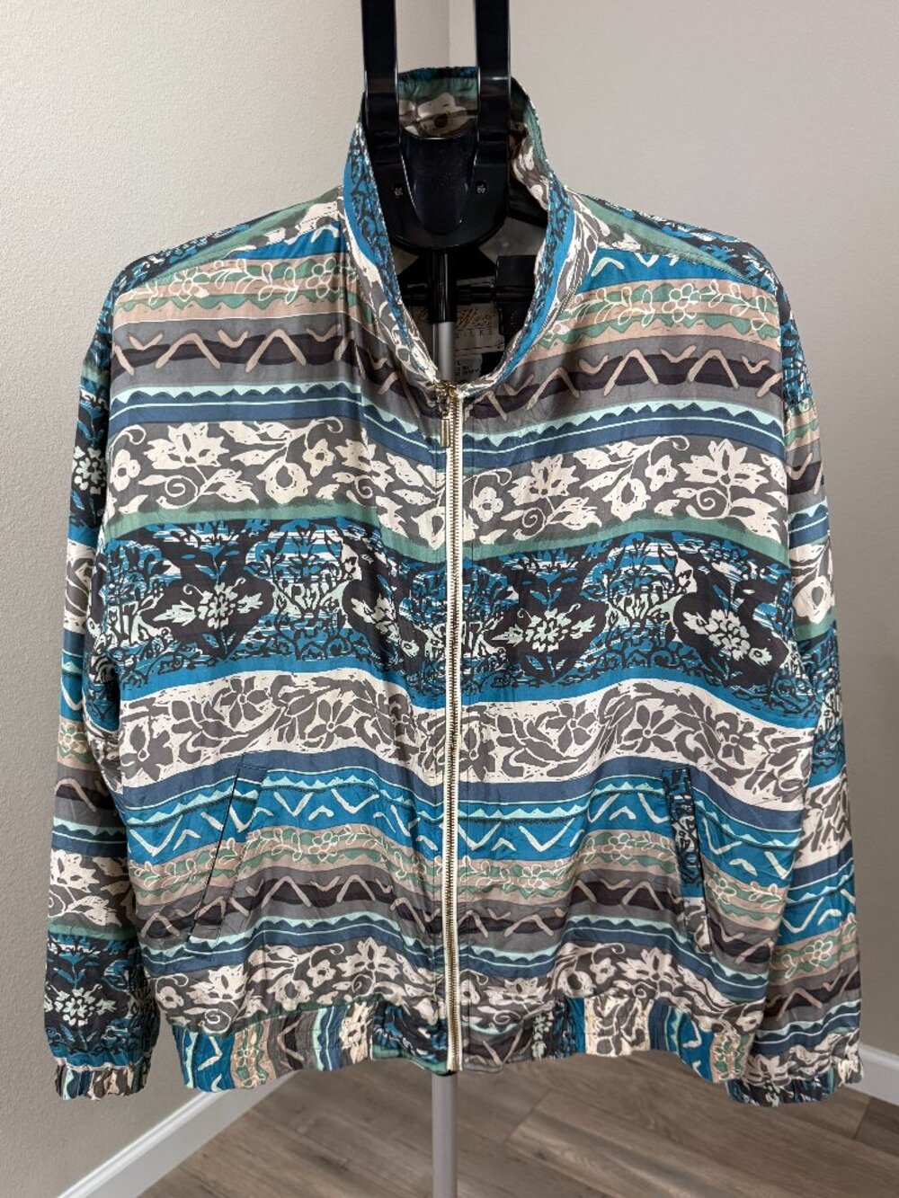 East West Silks 100% Silk Bomber Jacket Floral Zip Up Women's L